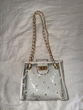 White Daisy Clear Tote Bag with Gold Chain Strap